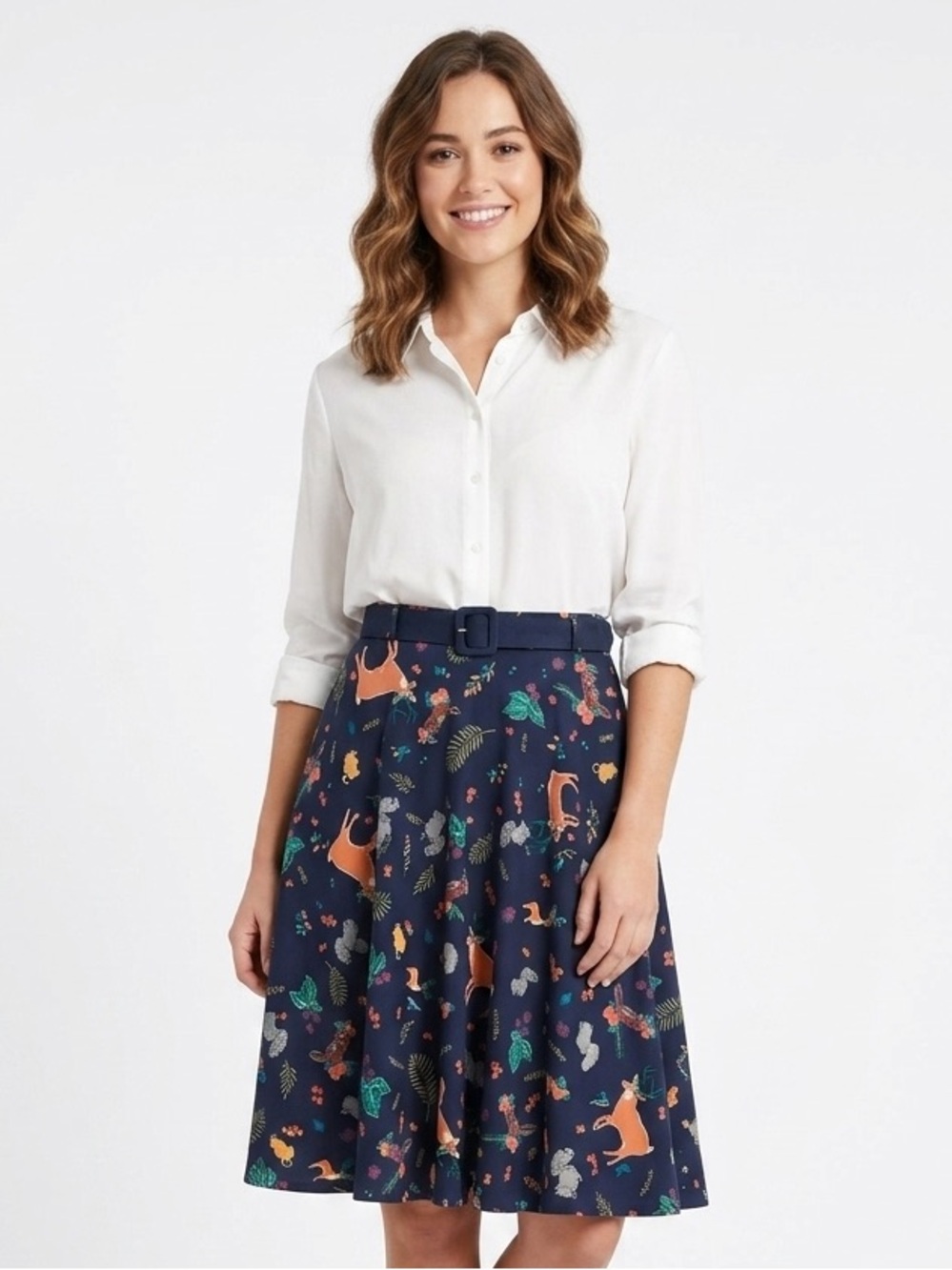 ModCloth Navy A-Line Skirt with Colorful Animal & Floral Print Medium